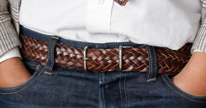 MERCER ITALIAN VEGETABLE TANNED OILED LEATHER MESH BELT（ダークブラウン）の着用イメージ
